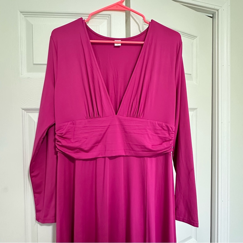 ANRABESS Women Deep V Neck Long Sleeve Slit Elegant Maxi Long Dress - Fuschia - Picture 5 of 6